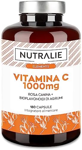 Vitamina C Pura da 1000 mg - Rosa Canina e Acido Ascorbico - Alto Dosaggio 180 Capsule - Sistema Immunitario e Antiossidante Naturale - Vitamin C Nutralie