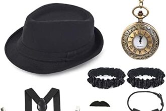 WuikerDuo Accessori Anni 20 Uomo,Accessori Gatsby da Uomo con Gangster Cappello,Bretella Elastiche Regolabili,Orologio da Taschino,Farfallino,Baffi Finti,Reggicalze da Braccio