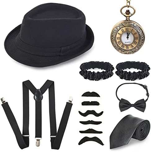 WuikerDuo Accessori Anni 20 Uomo,Accessori Gatsby da Uomo con Gangster Cappello,Bretella Elastiche Regolabili,Orologio da Taschino,Farfallino,Baffi Finti,Reggicalze da Braccio