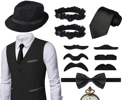 Ulikey Vestiti Anni 20 Uomo, Set di Accessori da Uomo Anni '20, Costume da Mafia Anni 1920 Set con Vari Accessori per Halloween, Carnevale, Travestimenti Alla Moda