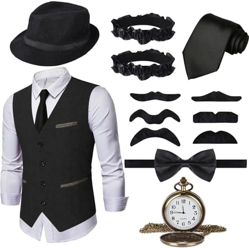 Ulikey Vestiti Anni 20 Uomo, Set di Accessori da Uomo Anni '20, Costume da Mafia Anni 1920 Set con Vari Accessori per Halloween, Carnevale, Travestimenti Alla Moda