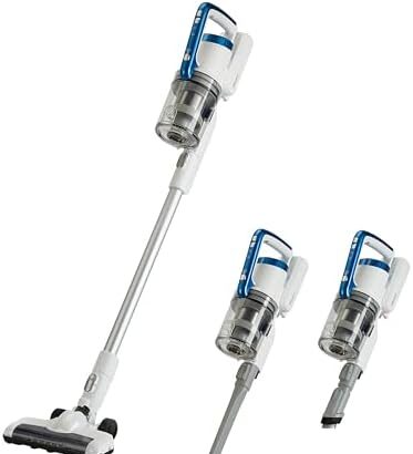 Amazon Basics - Aspirapolvere senza fili 2 in 1 con motore BLDC da 350W, filtro HEPA e batteria ricaricabile, 0.7L, Bianco E Blu