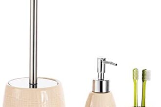 BM 6126 Set di Accessori da Bagno in Ceramica Superficie Strutturato Linee Beige, Set Accessori Bagno Completo 4 Pezzi, Dispenser, Portaspazzolino, Portasaponetta, Portascopino