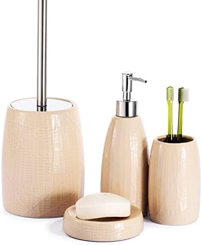 BM 6126 Set di Accessori da Bagno in Ceramica Superficie Strutturato Linee Beige, Set Accessori Bagno Completo 4 Pezzi, Dispenser, Portaspazzolino, Portasaponetta, Portascopino