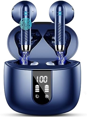 Cuffie Bluetooth, Auricolari Bluetooth 5.3 Cuffie Wireless in-ear con 4 ENC Mic, Cuffie Senza Fili Cancellazione Rumore, Mini Cuffiette Bluetooth IP7 Impermeabile HiFi Stereo LED Display USB-C Blu