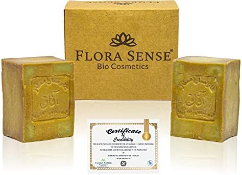 Flora Sense Original Aleppo Soap Set 2x200g, 50%-50% olio di alloro e olio d'oliva, sapone per il viso, per la doccia, eczema, psoriasi, prodotto artigianale, stagionato per 7 anni