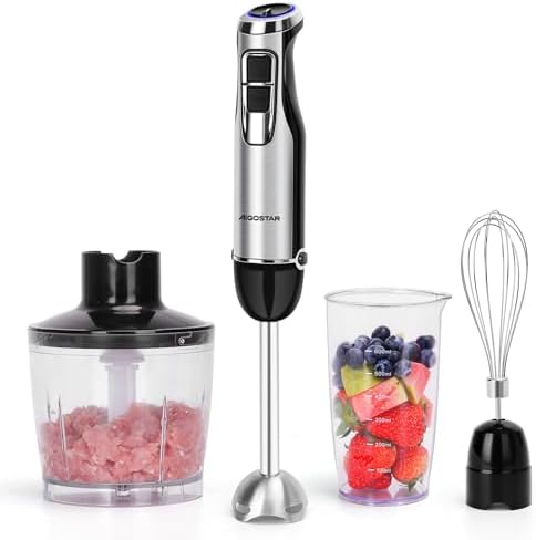 Aigostar Buckle - Frullatore a immersione 4 in 1 da 1000 W. Mixer subacqueo con 6 velocità + Turbo. Mixer multifunzione con tritacarne da 500 ml, misurino da 600 ml e frusta, senza BPA