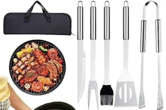 GWHOLE Set Barbecue,5 Utensili Barbecue Attrezzi BBQ Posate in Acciaio Inossidabile Utensili per Grill con Valigetta, Kit Barbecue Barbecue Accessori per Natale, Compleanno, Uomo