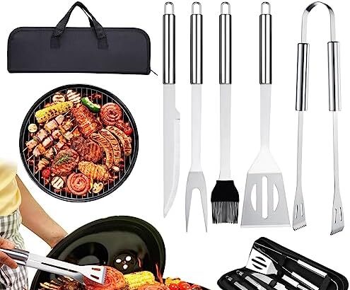 GWHOLE Set Barbecue,5 Utensili Barbecue Attrezzi BBQ Posate in Acciaio Inossidabile Utensili per Grill con Valigetta, Kit Barbecue Barbecue Accessori per Natale, Compleanno, Uomo