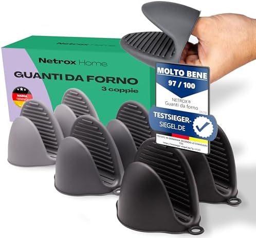 NetroxHome® - 3 Paia di Mini Guanti da Forno in Silicone - Presine da Forno Resistenti al Calore Fino a 230°C e Lavabili in Lavastoviglie - Cucina, Cuoci e Griglia - Guanti da Cucina in Taglia Unica