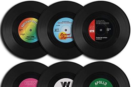 HomEdge - Sottobicchieri, a forma di dischi in vinile, 6 pezzi, stile retrò