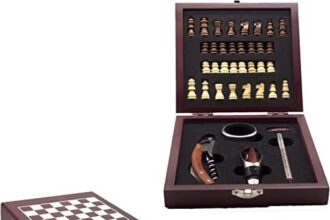 InnovaGoods IG115540 - Kit Accessori Vino E Gioco Degli Scacchi, Cavatappi, Anello Anti goccia, Tappo Aereatore, Termometro, Marrone