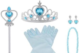 Vicloon Nuovi Costumi da Principessa Set di 7 Pezzi Dono da Tiara, Accessori per Vestire Principessa Accessori Diadema, Guanti, Bacchetta Magica, orecchino, Collana per Ragazze di 3 a 9 Anni (Blu)