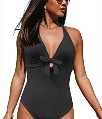 JFAN Costume Intero Donna con Scollo a V e Fiocco Costume Donna Curvy Push Up Costume da Bagno Elegante