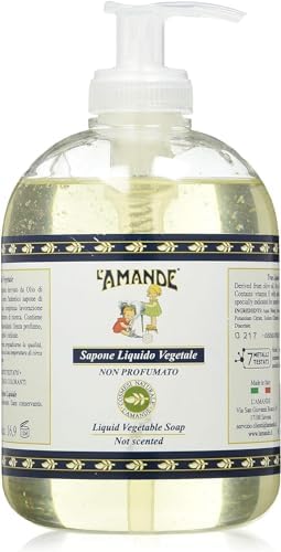 L'AMANDE - Sapone Liquido Mani e Corpo Vegetale Derivato dall'Olio di Oliva, Bagnoschiuma Gel Detergente Nutriente con Vitamina E, Sapone Mani e Docciaschiuma Naturale - Non Profumato, 500 ml