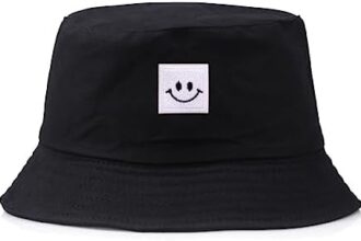 PLABBDPL Cappello Pescatore Pieghevole Cotone Bucket Hat Faccina Cappello da Sole Traspirante per Spiaggia all'aperto per campeggio, viaggio, protezione solare, copricapo per uomini donne Nero