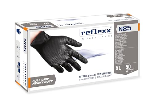 Reflexx N85B/XL Guanti in Nitrile Senza Polvere, Neri, Full Grip – gr. 8,4 (M) Ultra resistenti