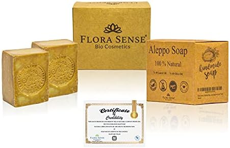 Flora Sense Original Aleppo Soap Set 2x200g, 40%-60% olio di alloro e olio d'oliva, sapone per il viso, sapone per la doccia, eczema, psoriasi, prodotto artigianale, stagionato per 7 anni