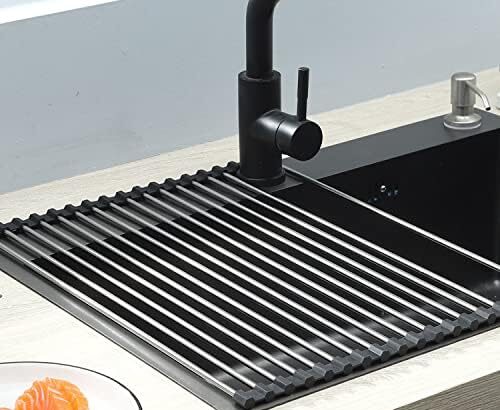 ViWaVee Scolapiatti da Appoggio, Pieghevole e Rimovibile in Acciaio Inossidabile sopra il Lavello della Cucina, Organizer Tappetino per Tazze, Frutta, Verdura-Nera