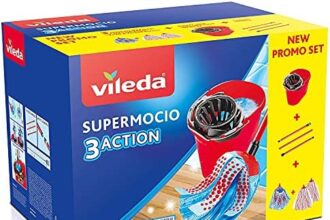 Vileda SuperMocio Box, Sistema Lavapavimenti, Set Con Strizzatore, 2 Fiocchi Microfibra & Power, 1 Fiocco 3Action, Manico 3 Pezzi, ‎Rosso