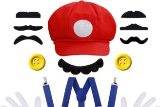 iZoeL Cappello di Mario Luigi, Accessorio per vestire Mario Luigi, Cappello Guanti Bretelle Baffi Bottoni Finti Accessori, per Costume Carnevale Cosplay Costume Halloween Donna Uomo