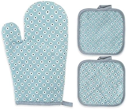 Set di 1 guanti da forno e 2 presine da Cucina in Cotone con Motivo a Disegno Fiori - Guanti da Forno Resistenti al Calore per Microonde, Barbecue e Pentole