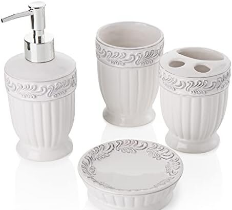 Baroni Home Set in Ceramica Accessori da Bagno, Include Dispenser, Portaspazzolino, Bicchiere e Portasapone Bassorilievo Set 4 Pezzi Classic Bianco