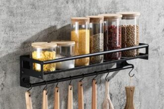 EigPluy Porta Utensili da Cucina,scaffale di stoccaggio Portautensili da Cucina con 8 Gancio,Adesivo/Perforazione 2 Modi di Installazione Portaoggetti per Utensili da Cucina a Parete(40cm)