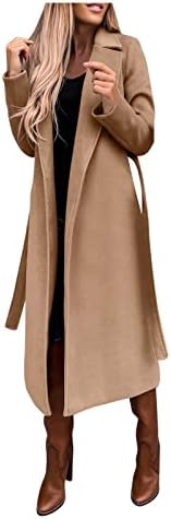 Generico Felpe Taglie Forti Cappotto da donna in finta lana Camicetta Cappotti sottili Trench Giacca lunga da donna Cintura lunga sottile Elegante soprabito Outwear Cerniera