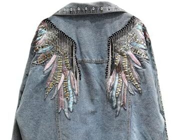 HUITAILANG Giacca di Jeans Donna, Giacca di Jeans con Ricamo Casual con Ali di Rivetto, Cappotto alla Moda, Blu, Taglia Unica