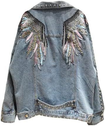 HUITAILANG Giacca di Jeans Donna, Giacca di Jeans con Ricamo Casual con Ali di Rivetto, Cappotto alla Moda, Blu, Taglia Unica