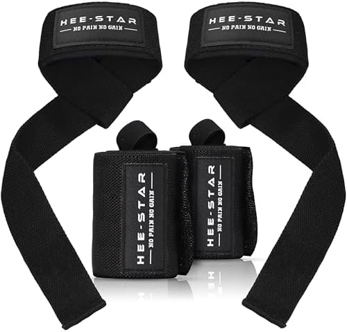 Hee-Star® Set Palestra No Pain No Gain - Polsiere + Straps Palestra - Cinghie Sollevamento Pesi e Polsini Palestra - Fasce Polsi + Fasce per Stacchi - Accessori Palestra