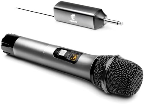 Microfono senza fili TONOR TW620: sistema wireless microfonico portatile in metallo cordless con ricevitore ricaricabile, uscita 1/4″ per amplificatore, macchina da karaoke, 60m – Grigio.