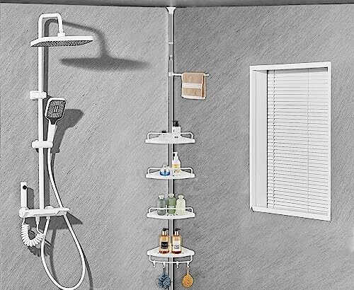 ZHUGE Cestello doccia telescopico con 4 vassoi, 4 ganci e 1 asta porta asciugamani regolabile per l'organizzazione del bagno, Antiruggine, adatto per soffitti da 70 a 330 cm di altezza, bianco