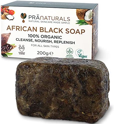 PraNaturals Sapone Nero Africano 200g, Cosmetico Biologico e Vegano, Per tutti i tipi di pelle, Trattamento naturale disintossicante e anti-età, Non processato