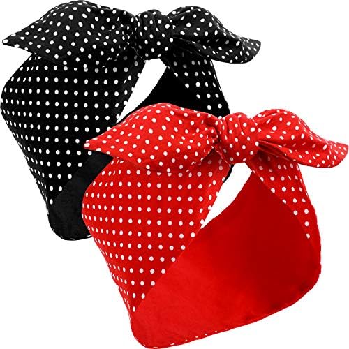 2 Sciarpe Rosse da Donna Sciarpa Testa Retro Anni 1940 Fascia Bandana di Arco Nero Boho Fascia Orecchino Coniglio Vintage Accessori per Capelli Ragazze (Motivo a Pozzi)