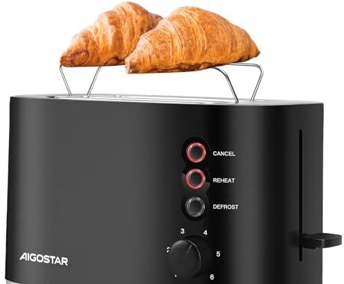 Aigostar Energy - Tostapane 2 Fette, Riscaldatore Integrato, Fessure Extra Larghe e Centratura Automatica, 6 Impostazioni di Tostatura, 3 Funzioni, Vassoio Raccogli Briciole Rimovibile, Nero