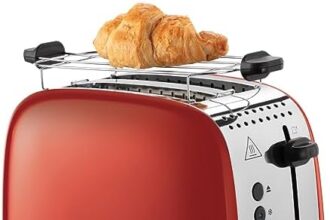 Tostapane Russell Hobbs, Due Fette, Colors Plus Acciaio Inox Rosso, Toast Extra Larghi, Accessorio Per Panini, 6 Livelli Di Doratura e Funzione Di Scongelamento, Lift & Look, 1600 W, 26554-56