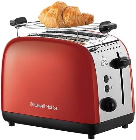 Tostapane Russell Hobbs, Due Fette, Colors Plus Acciaio Inox Rosso, Toast Extra Larghi, Accessorio Per Panini, 6 Livelli Di Doratura e Funzione Di Scongelamento, Lift & Look, 1600 W, 26554-56