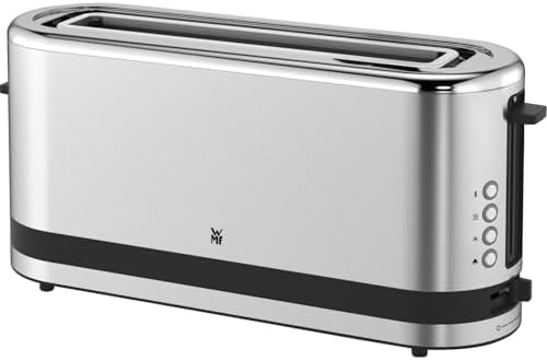 WMF Tostapane KITCHENminis in Acciaio Cromargan, con Fessura lunga, 7 Livelli di Doratura, Design Compatto e Salvaspazio, Pinze, Griglia per Pane e Vassoio Removibile Inclusi, 220 W