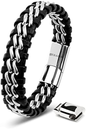 SERASAR - Bracciale Uomo Pelle in Nero/Argento/Oro, Serratura Magnetica in Acciaio Inossidabile, Esclusivo Portagioie e Ottima Idea Regalo per Amici, Marito, Fidanzato | Lunghezza 17, 20, 23cm