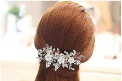 GIEEU Fiori di nozze capelli lunghi fasce di perle e fiori di conchiglie, accessori per capelli di cristallo, accessori per capelli da sposa per donne (argento)
