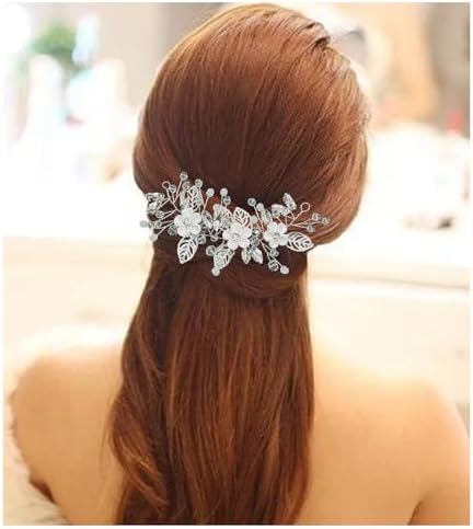 GIEEU Fiori di nozze capelli lunghi fasce di perle e fiori di conchiglie, accessori per capelli di cristallo, accessori per capelli da sposa per donne (argento)