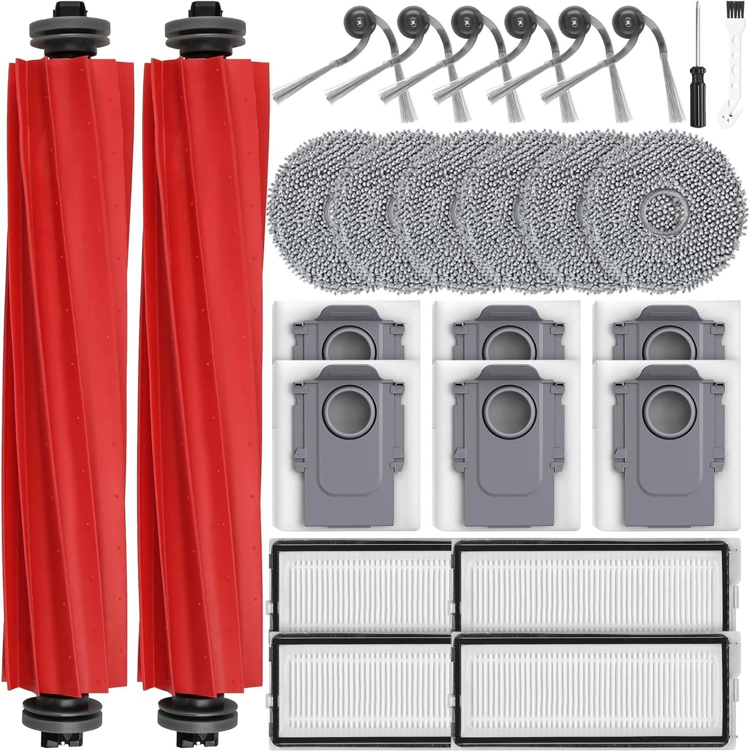 26 accessori per robot aspirapolvere Roborock QV 35A/QV 35S, 2 spazzole principali, 6 sacchetti per la polvere, 6 tamponi, 4 filtri HEPA, 6 spazzole laterali, 1 spazzola per la pulizia, 1 cacciavite