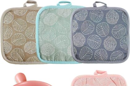 4 Pezzi Presine da Cucina in Cotone, 17 * 17 cm Quadrato Forno Microonde Potholders Design Quadrato e Simpatico con Motivo a Foglie Resistenti al Calore Facili da Appendere per Forno e Microonde
