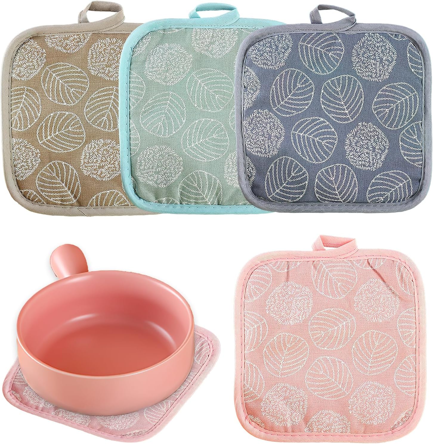 4 Pezzi Presine da Cucina in Cotone, 17 * 17 cm Quadrato Forno Microonde Potholders Design Quadrato e Simpatico con Motivo a Foglie Resistenti al Calore Facili da Appendere per Forno e Microonde