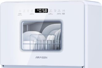AIRMSEN Lavastoviglie da Tavolo Mini Lavastoviglie con 7+2 Programmi Funzione Sale Addolcitore Serbatoio da 5L Control Táctil & Pantalla LED, Lavastoviglie Compatta per Cucine Appartamenti e Dormitori