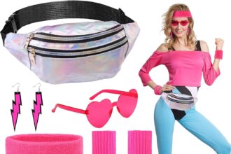 POFIBO Accessori Anni 80 Donna,Accessori Carnevale Anni 80 Donna Con Fascia Per Capelli Al Neon, Bracciali, Orecchini, Cintura, Borsa, Scaldamuscoli E Occhiali, Perfetto Per Il Carnevale