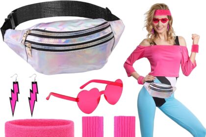 POFIBO Accessori Anni 80 Donna,Accessori Carnevale Anni 80 Donna Con Fascia Per Capelli Al Neon, Bracciali, Orecchini, Cintura, Borsa, Scaldamuscoli E Occhiali, Perfetto Per Il Carnevale