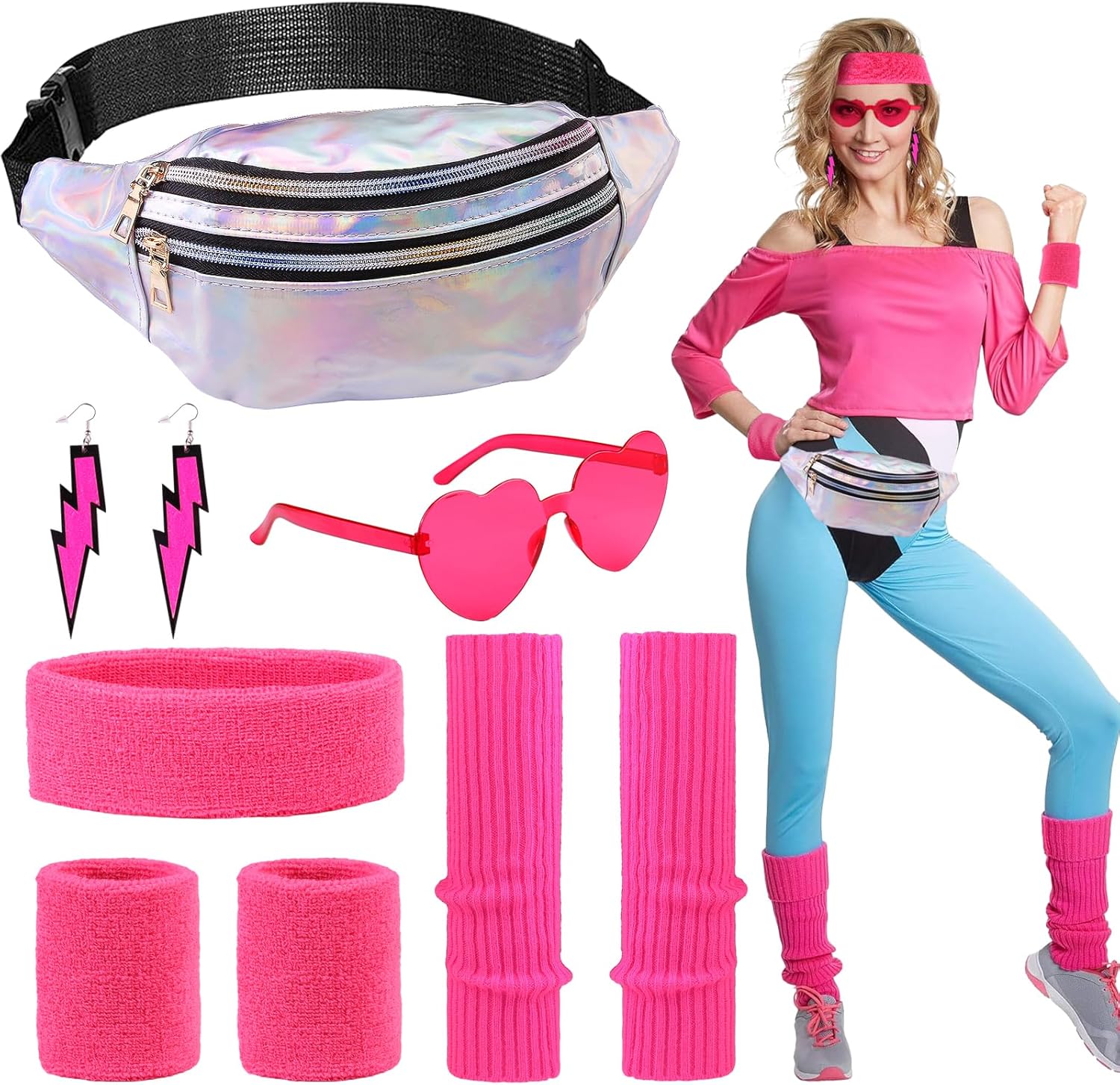 POFIBO Accessori Anni 80 Donna,Accessori Carnevale Anni 80 Donna Con Fascia Per Capelli Al Neon, Bracciali, Orecchini, Cintura, Borsa, Scaldamuscoli E Occhiali, Perfetto Per Il Carnevale